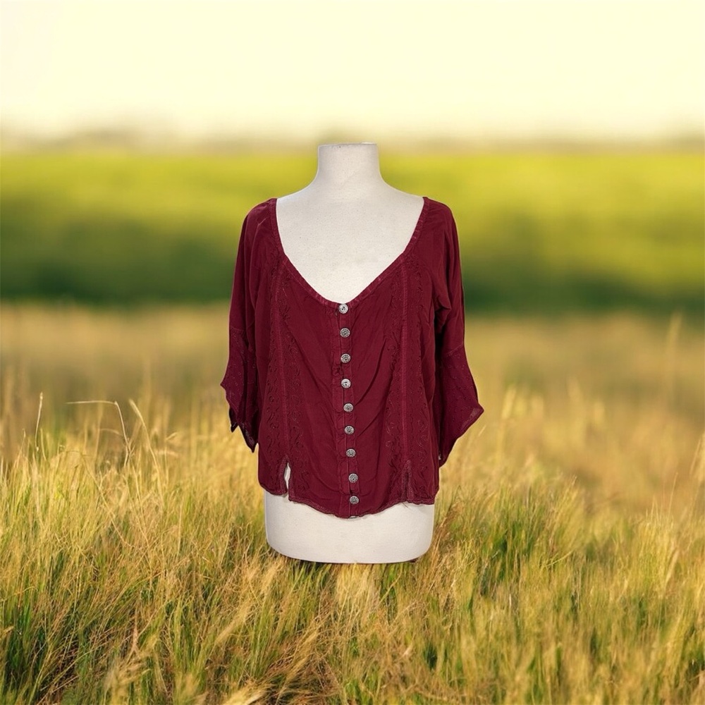 Scully Embroidered Lace Belll Sleeve Blouse Burgundy L poetic literacy Boho